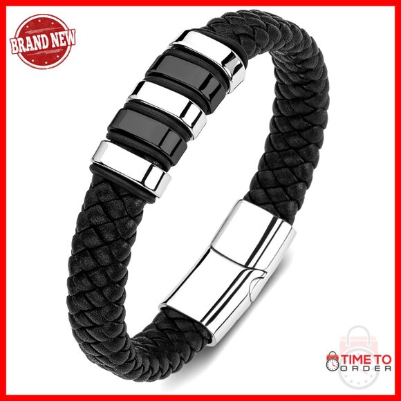 Braided Leather Cuff Bracelet Stainless Steel 8.7